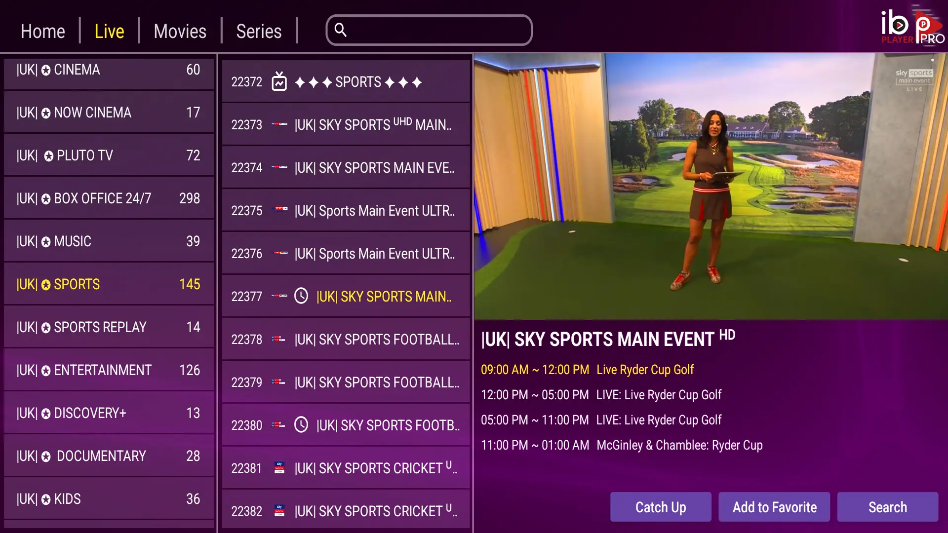 IBO Player Pro Smart TV channels list after adding VieworaTV IPTV login